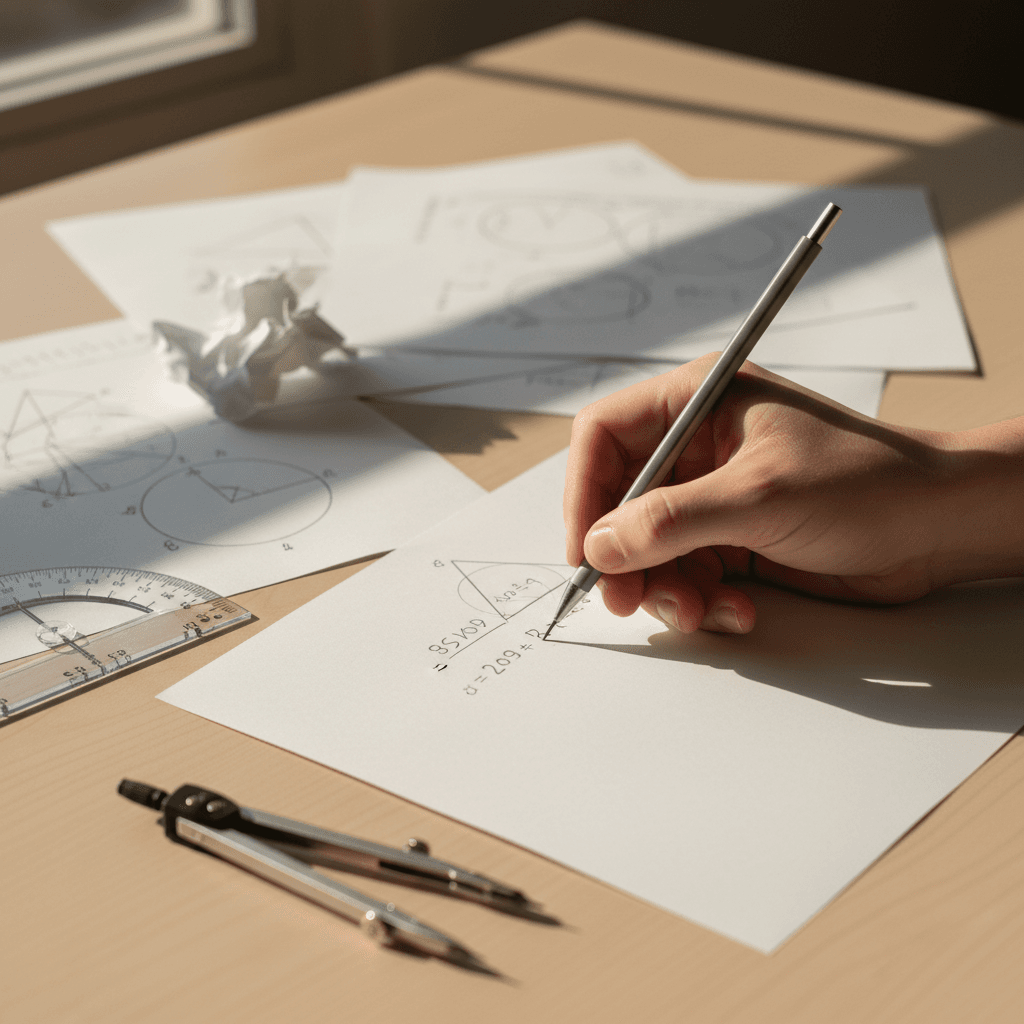 Student writing A-Level maths equations in a notebook with a progress chart nearby