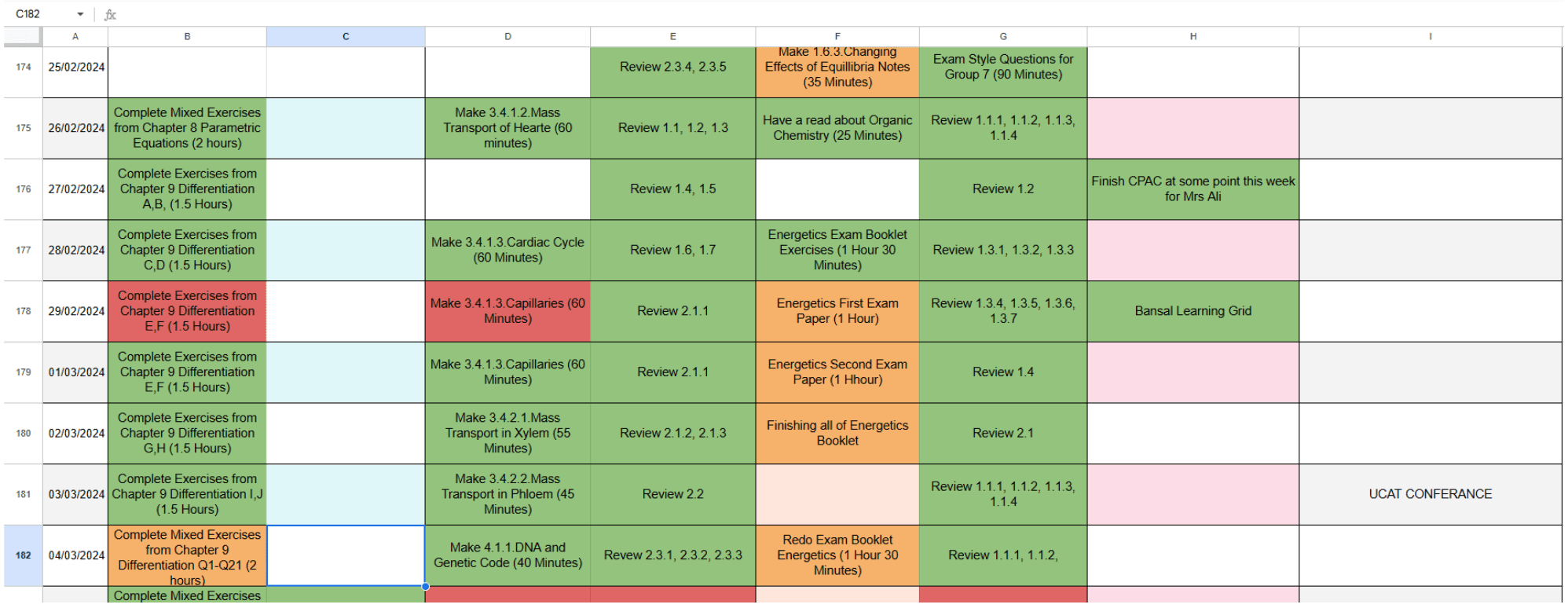 Color-coded spreadsheet displaying a daily academic revision schedule for math, biology, and chemistry subjects.