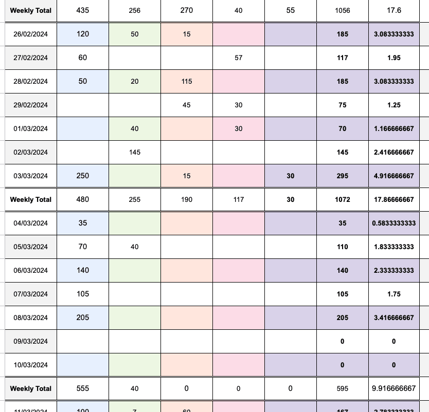 Spreadsheet displaying daily numerical entries and weekly totals across several color-coded columns for 2024.