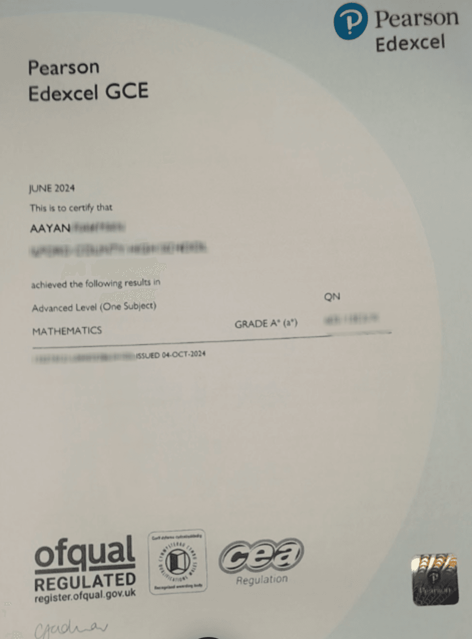Pearson Edexcel GCE certificate for Mathematics, June 2024, with an achieved grade of A*.