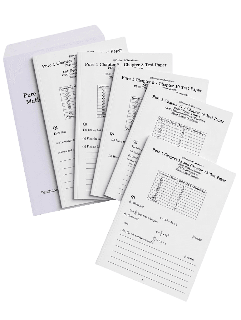 Several Pure 1 Math test paper booklets fanned out, showing questions and mark tables.